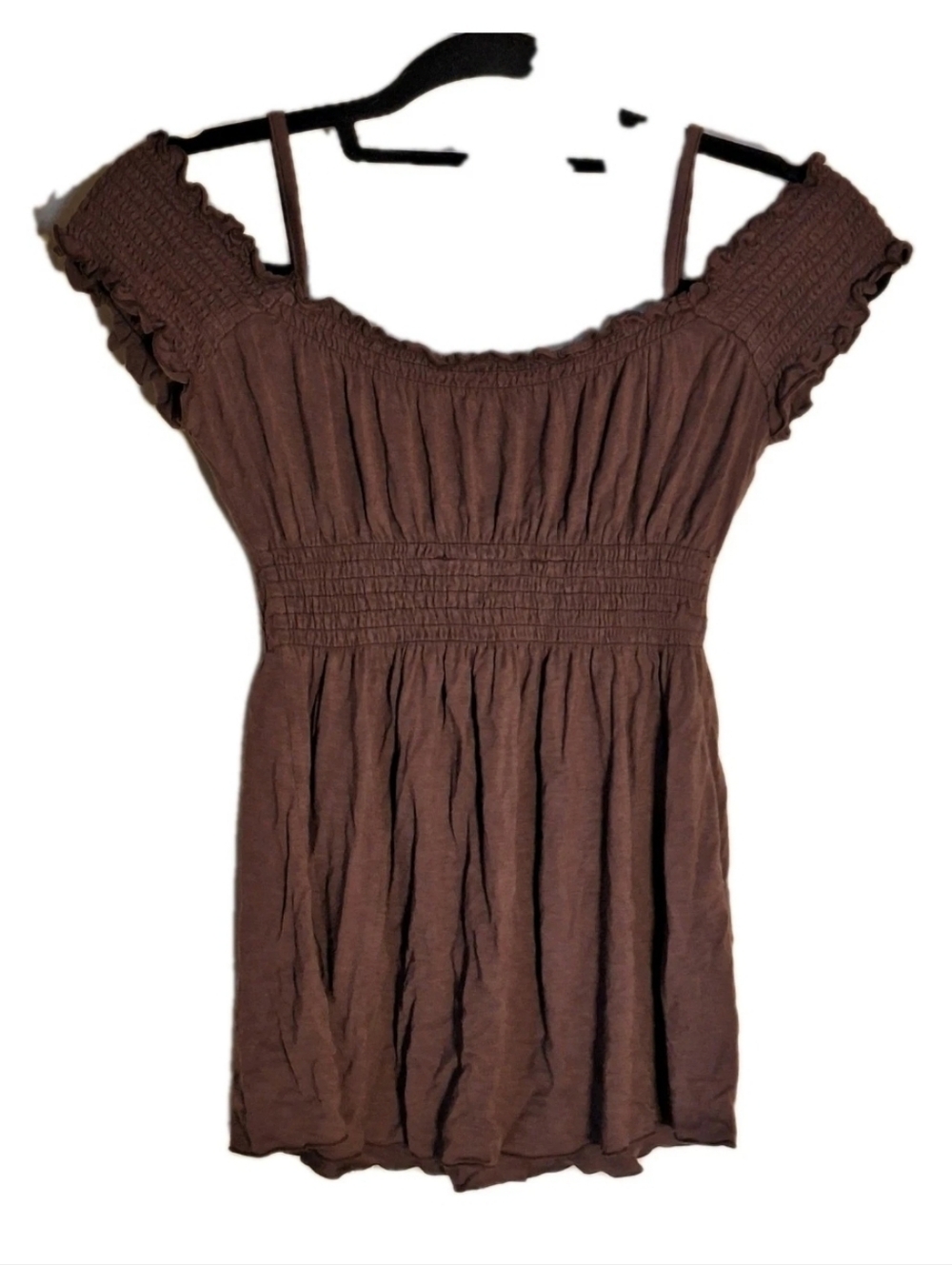 Mexicali Blues Smocked-Waist Ruffle Sleeveless Top Brown Size Small Boho Shirt